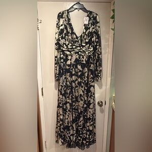 Betsy & Adam Long Sleeve Foil Print A-Line Gown - Size 16